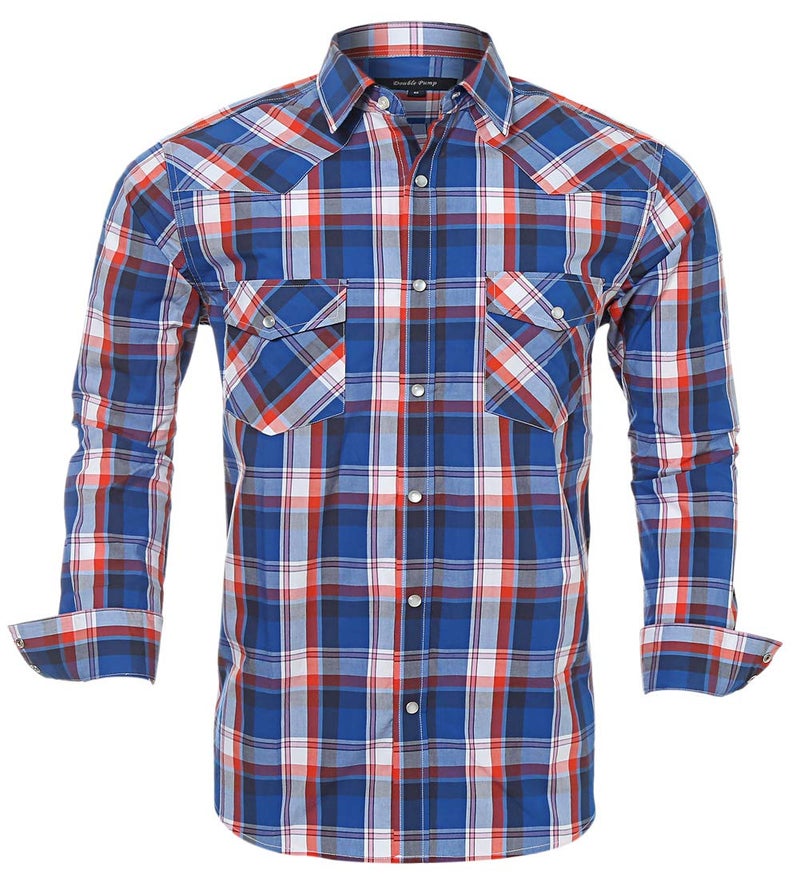 Double Pump Western Shirts for Men with Snap Buttons Regular Fit Plaid Mens Long Sleeve Shirts Casual,Red Blue 011, X-Large - Image 1